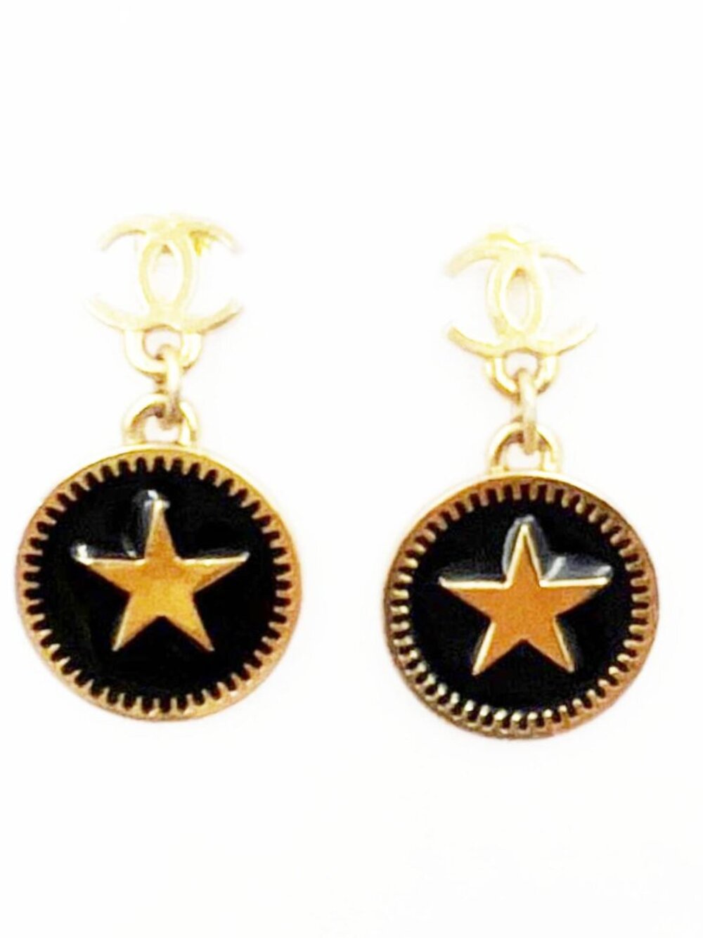 Chanel Vintage Gold Plated CC Star Round Black Coin Dangle Piercing Earrings